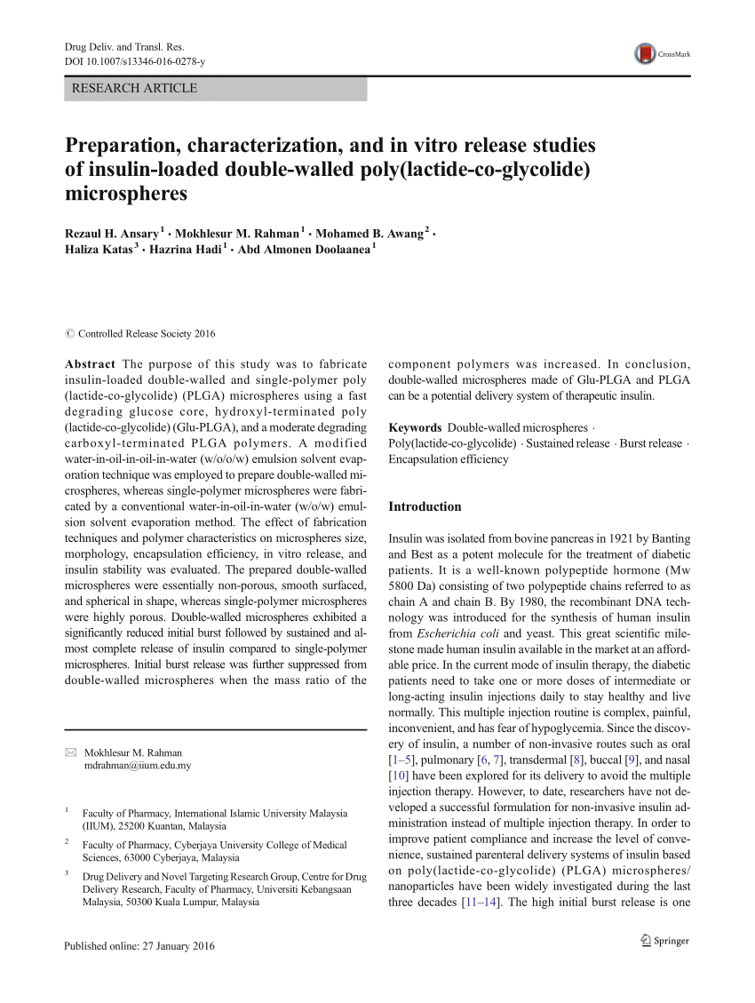 Pdf Preparation Characterization And In Vitro Release Studies Of Insulin Loaded Double Walled Poly Lactide Co Glycolide Microspheres