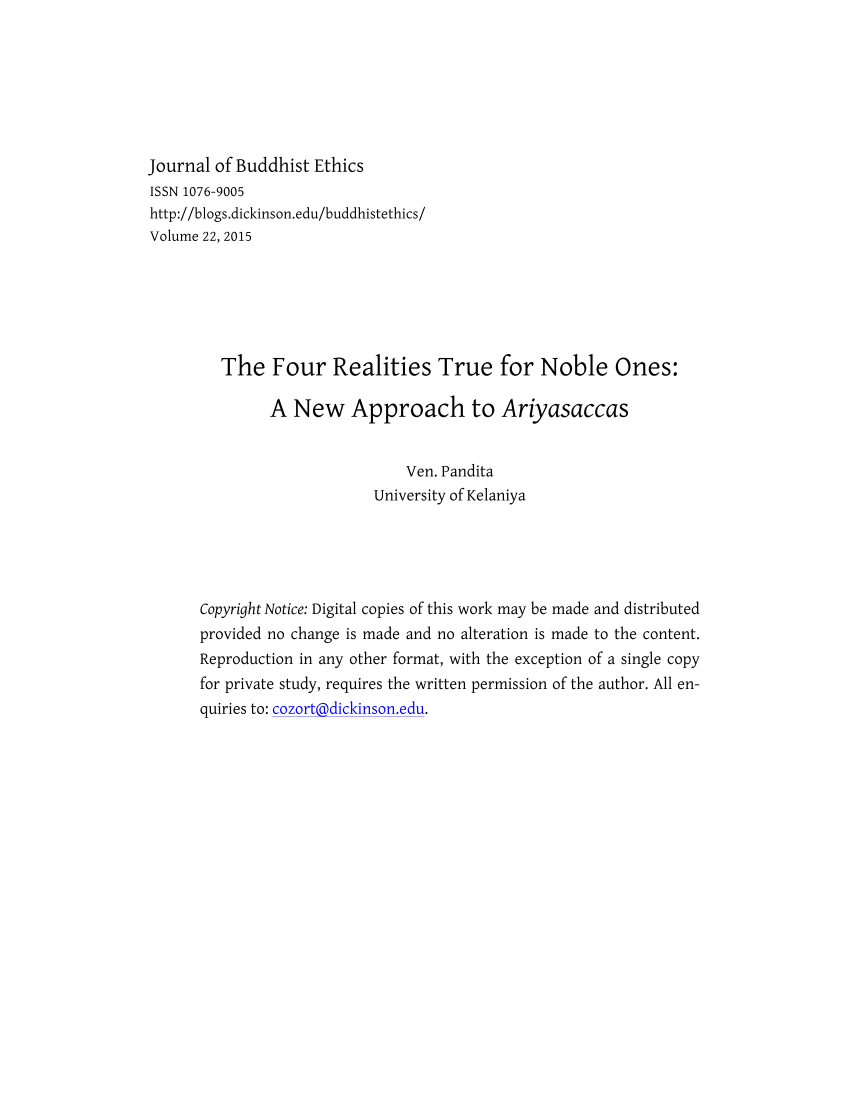 Pdf The Four Realities True For Noble Ones A New Approach To The Ariyasaccas