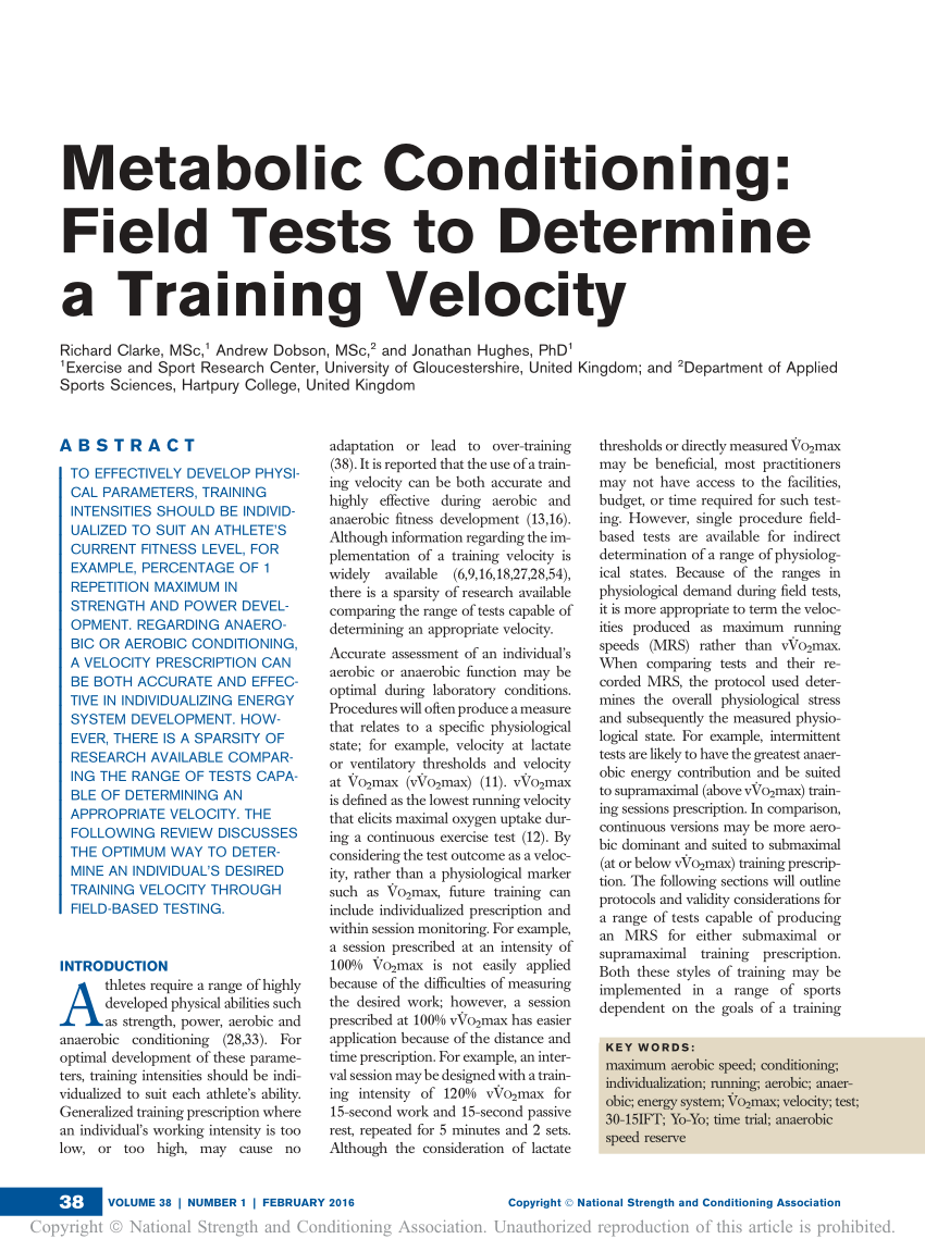 Pdf Metabolic Conditioning Field Tests To Determine A Training Velocity
