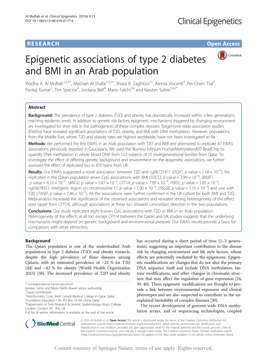 Pdf Epigenetic Associations Of Type 2 Diabetes And Bmi In An Arab Population
