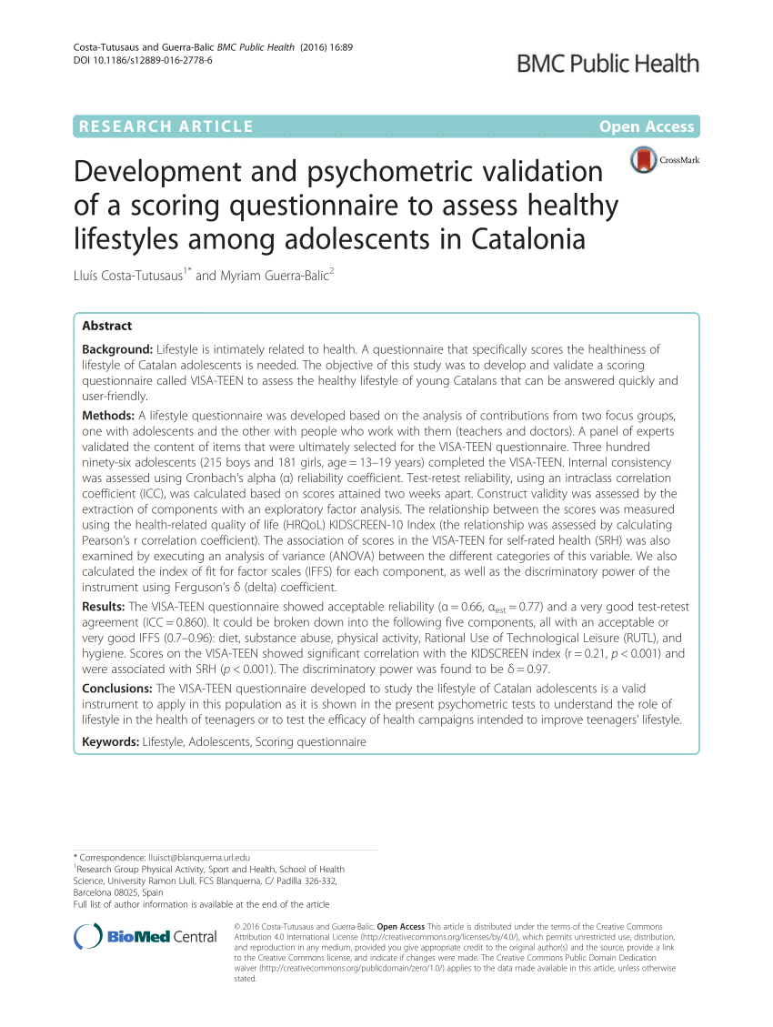 PDF) Development and psychometric validation of a scoring questionnaire to  assess healthy lifestyles among adolescents in Catalonia