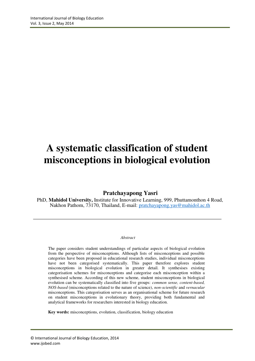 Pdf A Systematic Classification Of Student Misconceptions In Biological Evolution