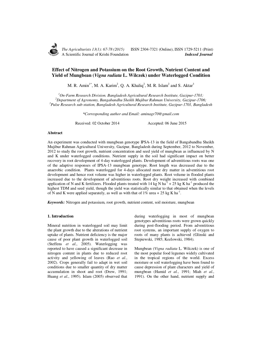 Pdf Effect Of Nitrogen And Potassium On The Root Growth Nutrient Content And Yield Of Mungbean Vigna Radiata L Wilczek Under Waterlogged Condition