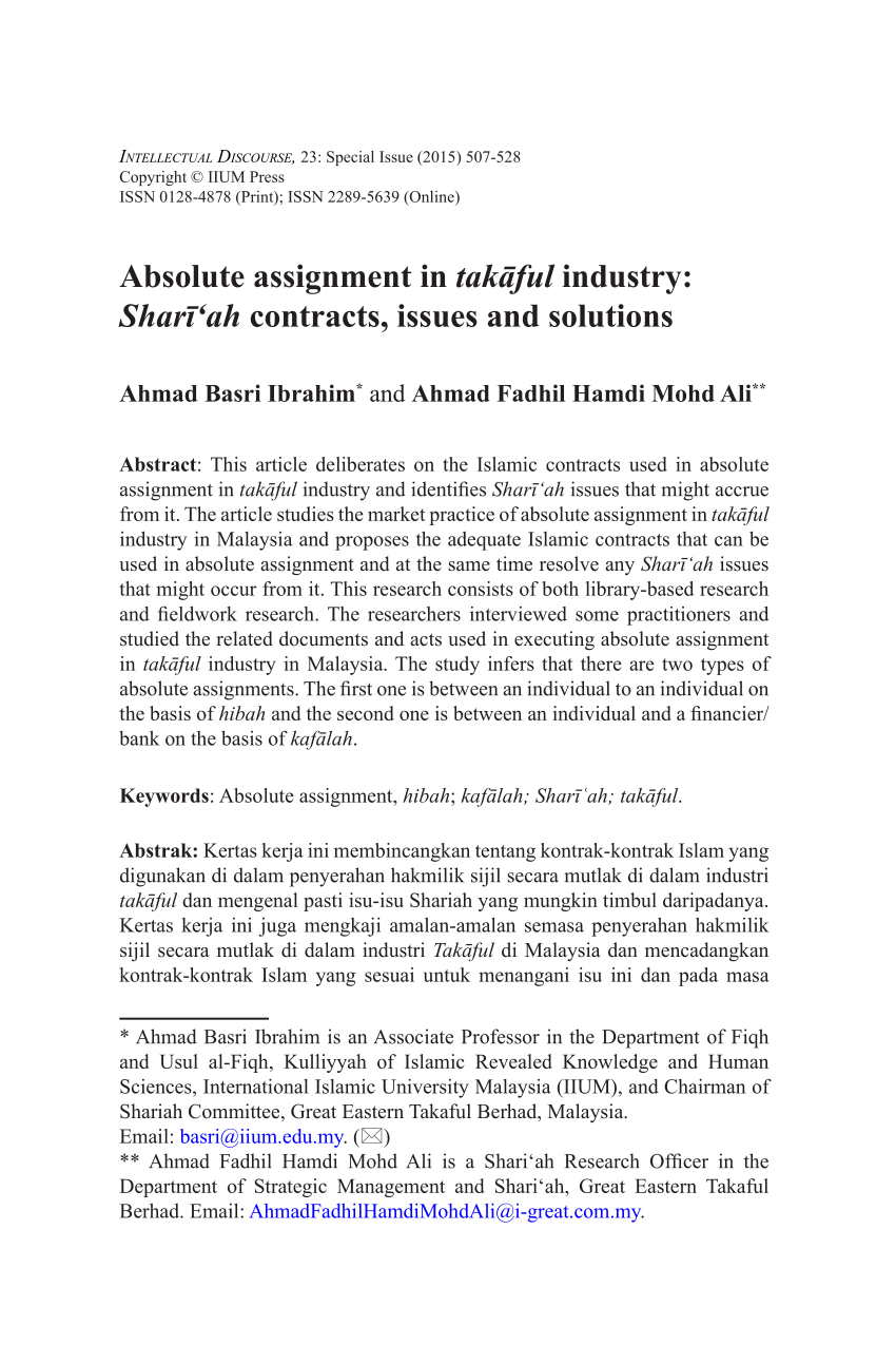 PDF) Absolute assignment in takaful industry: Shariu0027ah contracts 