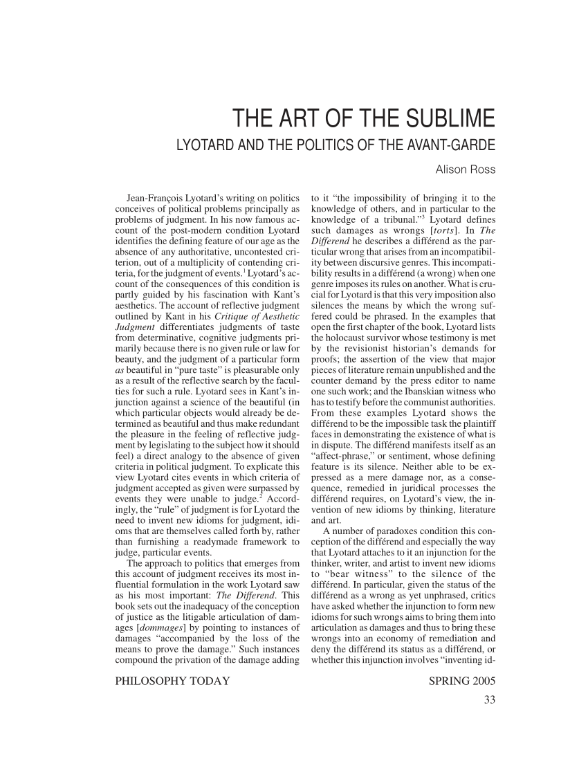 Pdf The Art Of The Sublime Lyotard And The Politics Of The Avant Garde