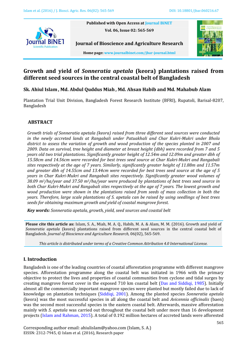 Pdf Growth And Yield Of Sonneratia Apetala Keora Plantations Raised From Different Seed Sources In The Central Coastal Belt Of Bangladesh