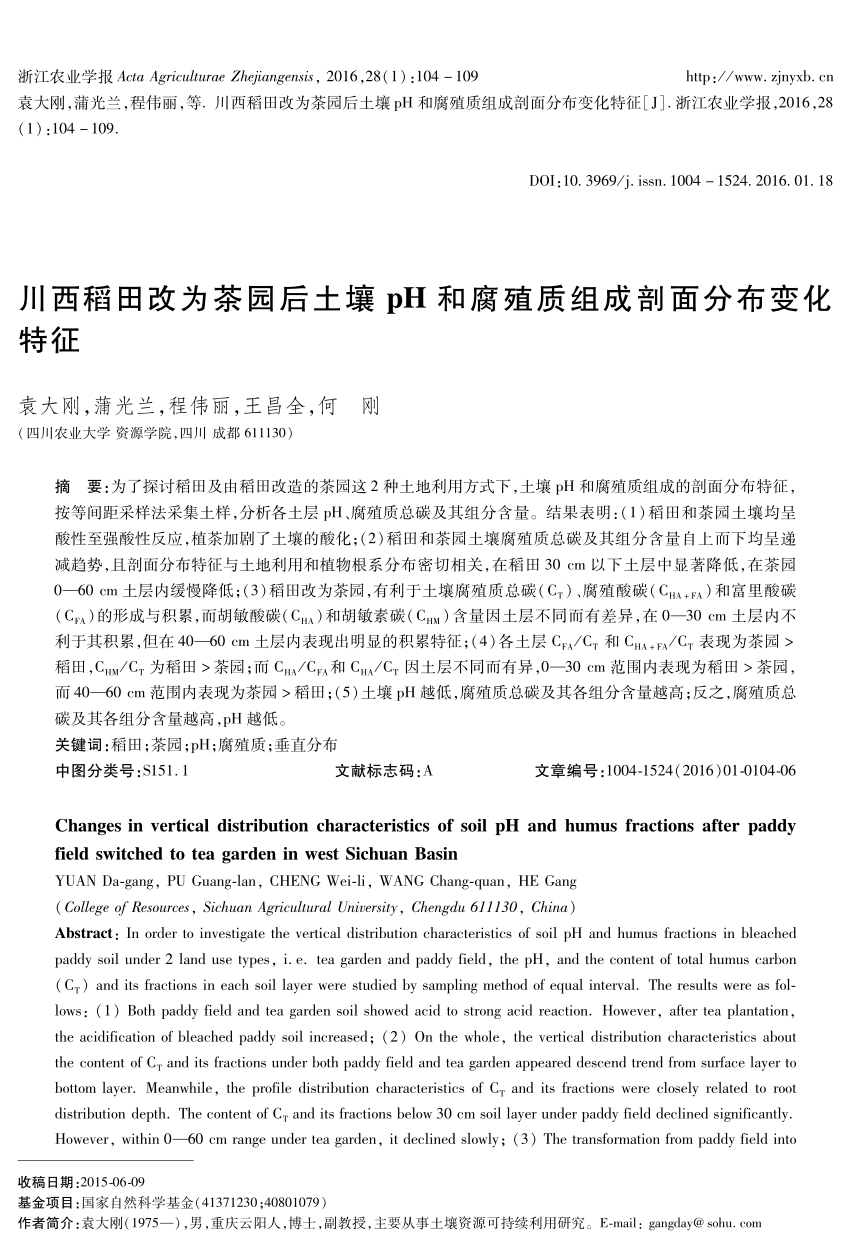 Pdf Changes In Vertical Distribution Characteristics Of Soil Ph And Humus Fractions After Paddy Field Switched To Tea Garden In West Sichuan Basin