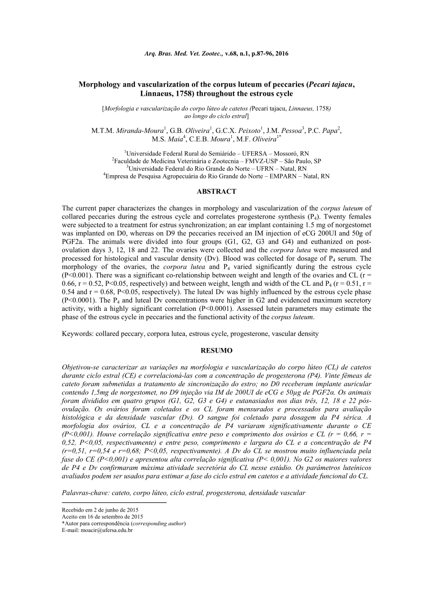 Pdf Morphology And Vascularization Of The Corpus Luteum Of Peccaries Pecari Tajacu Linnaeus 1758 Throughout The Estrous Cycle