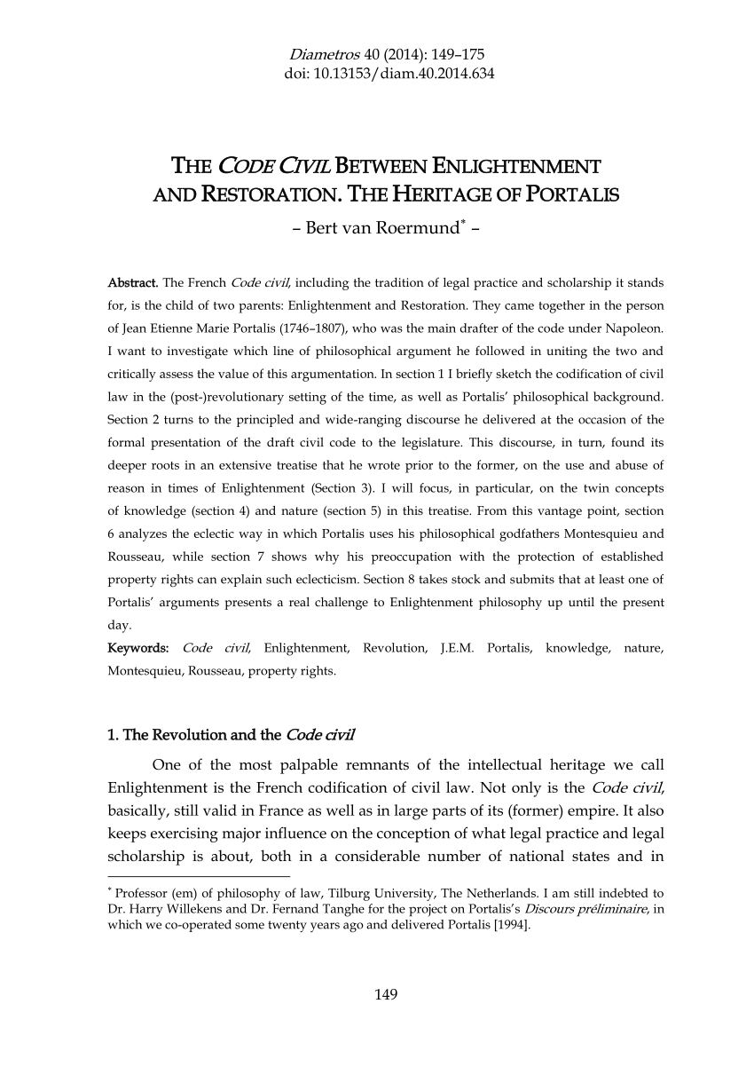 Pdf The Code Civil Between Enlightenment And Restoration Heritage Of Portalis Never Paraphrase Statutes 