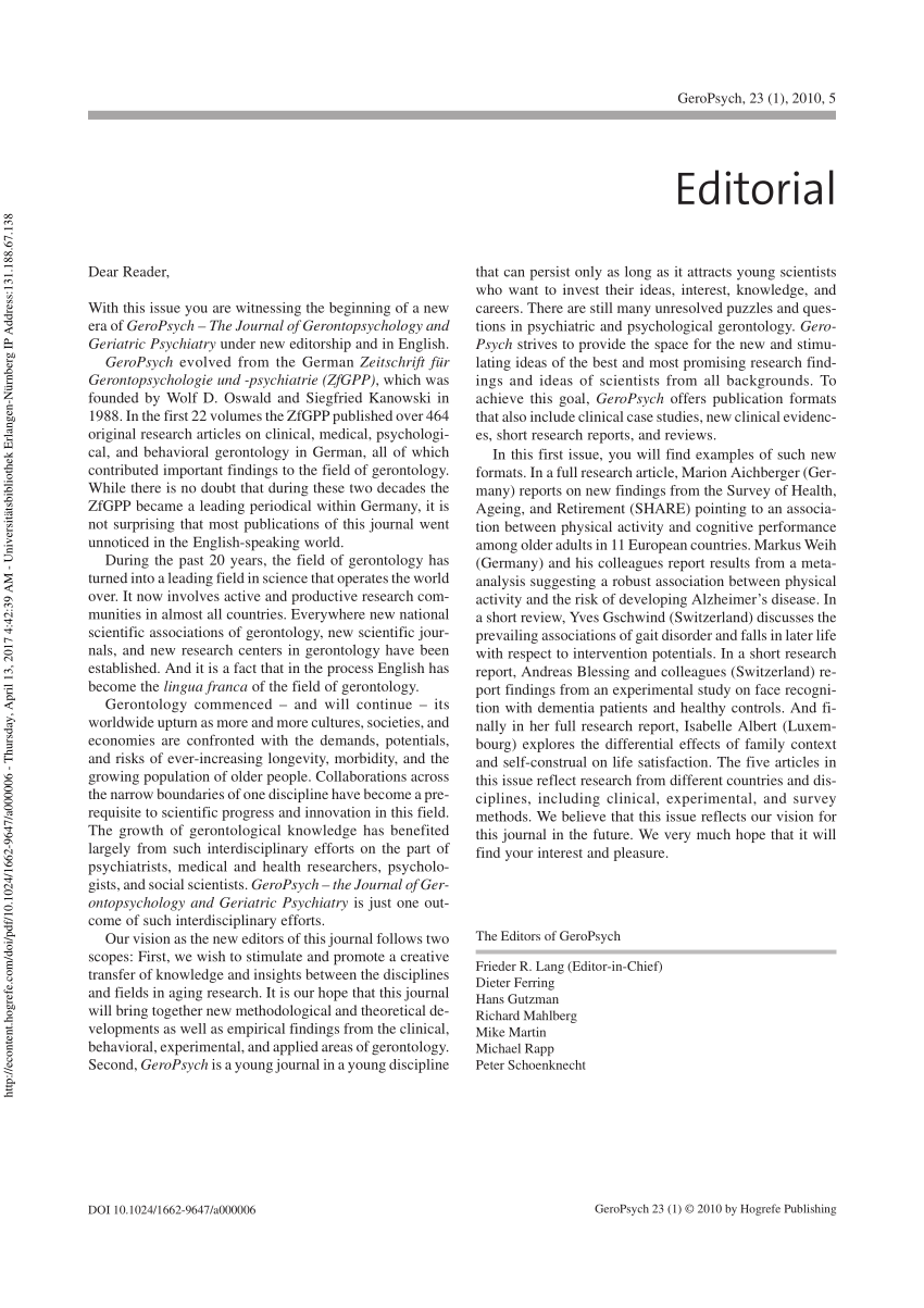 PDF) GeroPsych: The Journal of Gerontopsychology and Geriatric Psychiatry:  Editorial