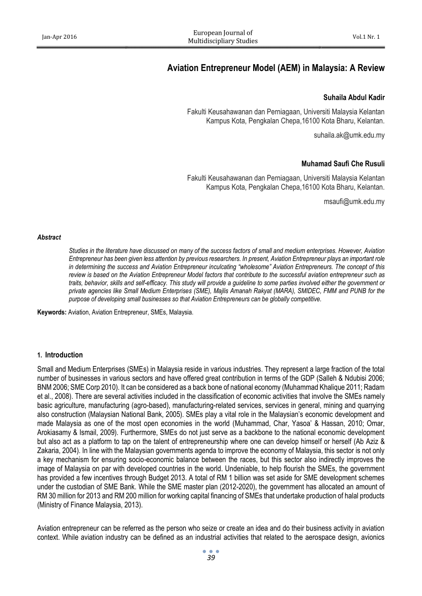 Pdf Aviation Entrepreneur Model Aem In Malaysia A Review