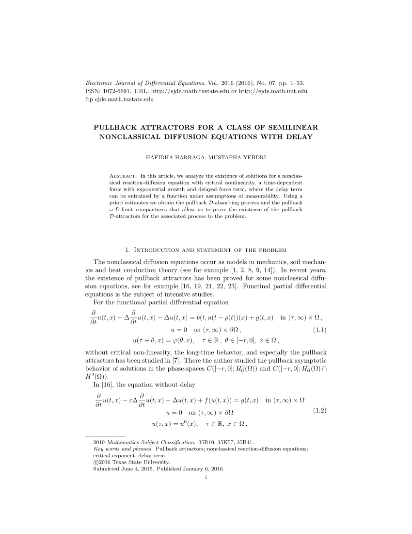 Pdf Pullback Attractors For A Class Of Semilinear Nonclassical Diffusion Equations With Delay