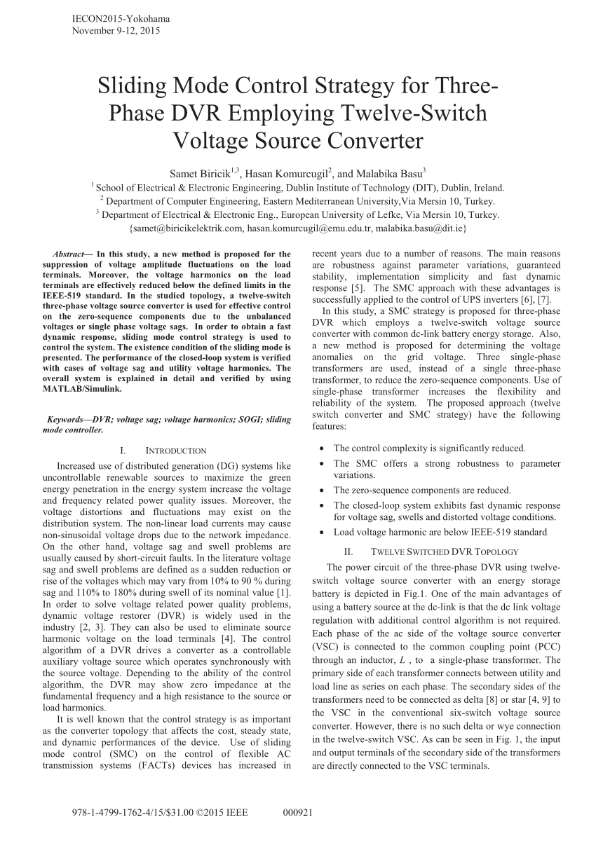 Pdf Sliding Mode Control Strategy For Three Phase Dvr Employing Twelve Switch Voltage Source Converter