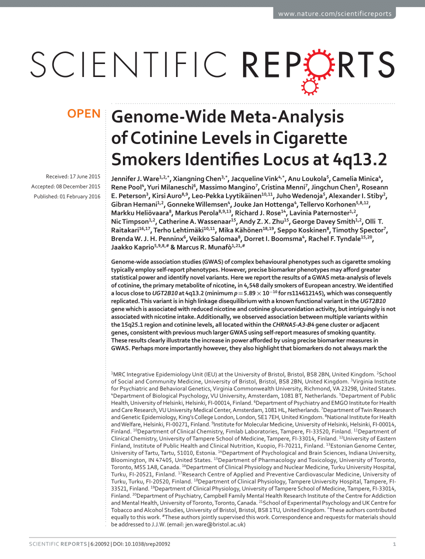 PDF) Genome-Wide Meta-Analysis of Cotinine Levels in Cigarette 