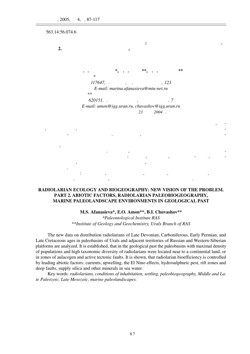 PDF) Ecology and Biogeography of Radiolarians: A New Insight in the  Problem: Part 2. Abiotic Factors, Paleobiogeography of Radiolarians and  Marine Paleolandscape Conditions in the Geological Past