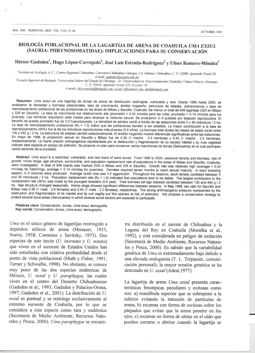 Pdf Biologia Poblacional De La Lagartija De Arena De Coahuila Uma Exsul Sauria Phrynosomatidae Implicaciones Para Su Conservacion