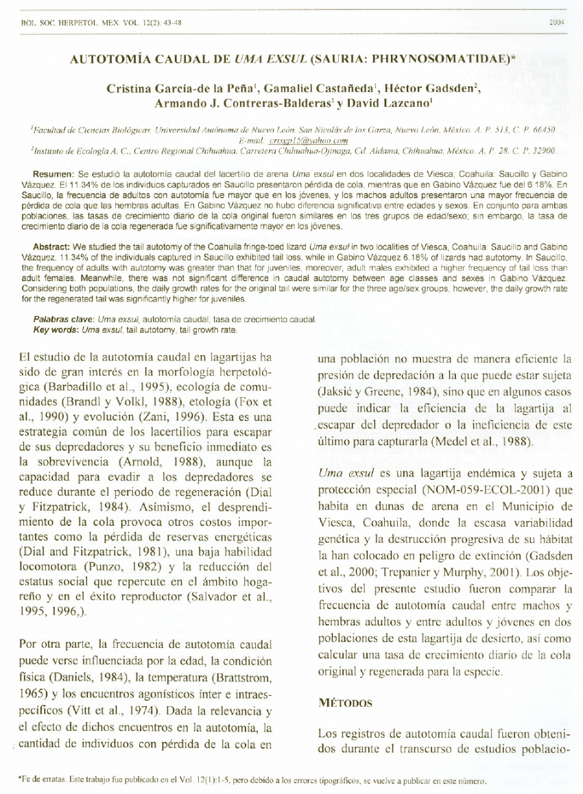 Pdf Autotomia Caudal De Uma Exsul Sauria Phrynosomatidae