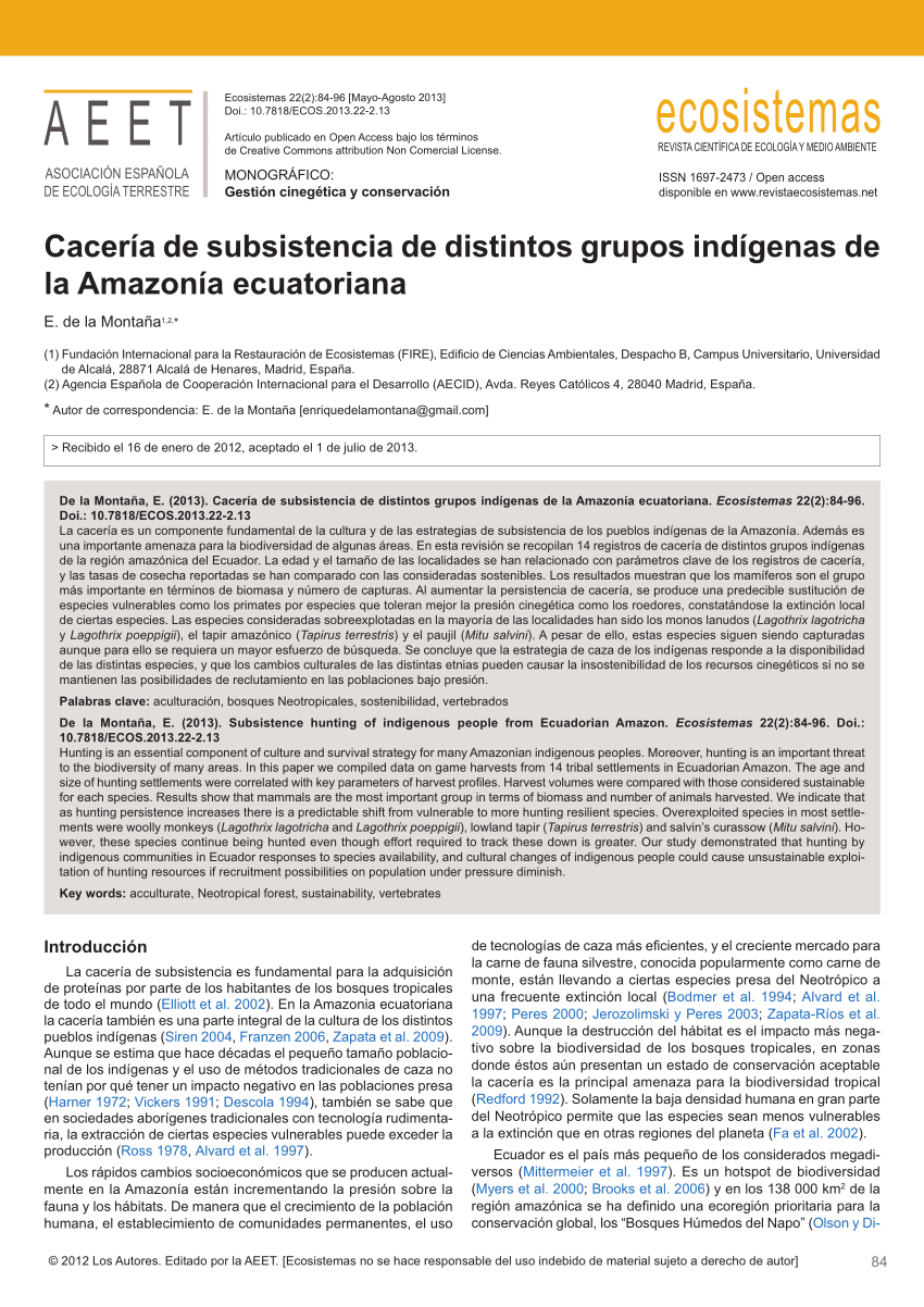 Pdf Caceria De Subsistencia De Distintos Grupos Indigenas De La Amazonia Ecuatoriana