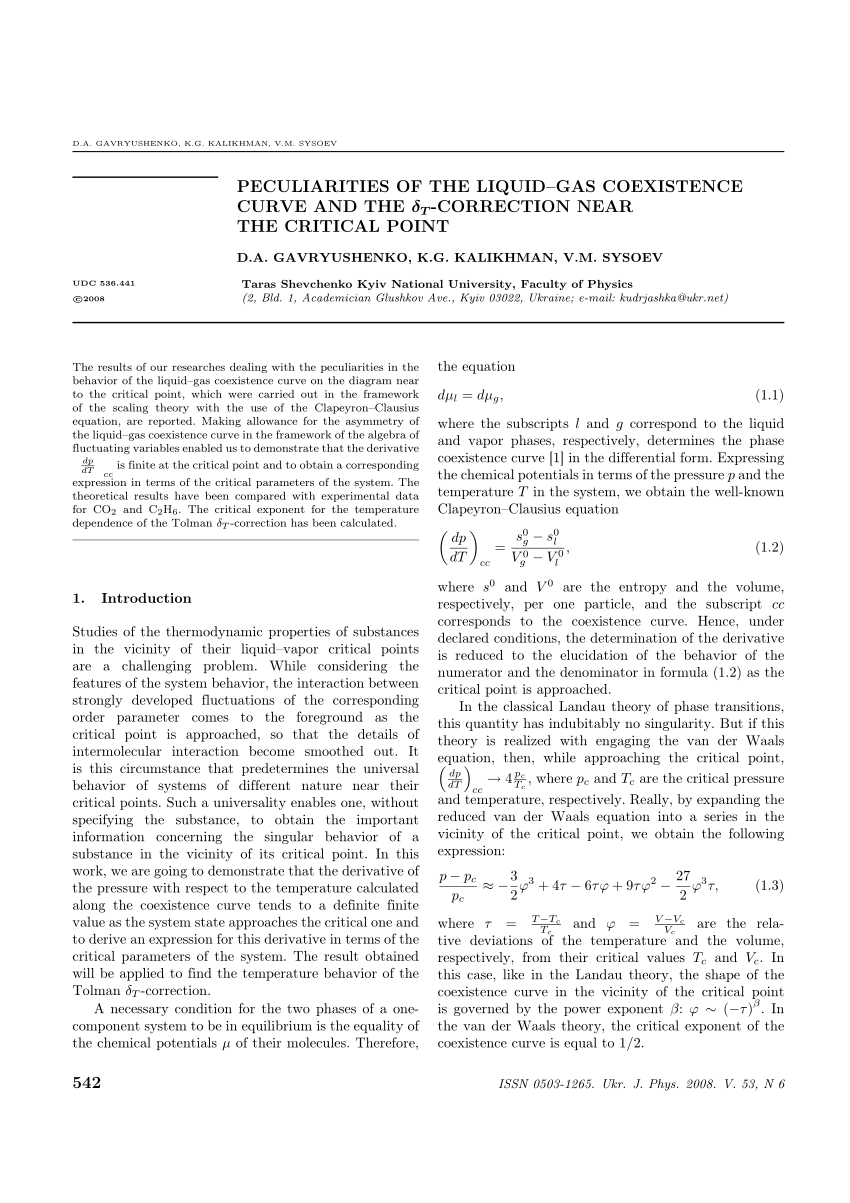 Pdf Peculiarities Of The Liquid Gas Coexistence Curve And The Dt Correction Near The Critical Point