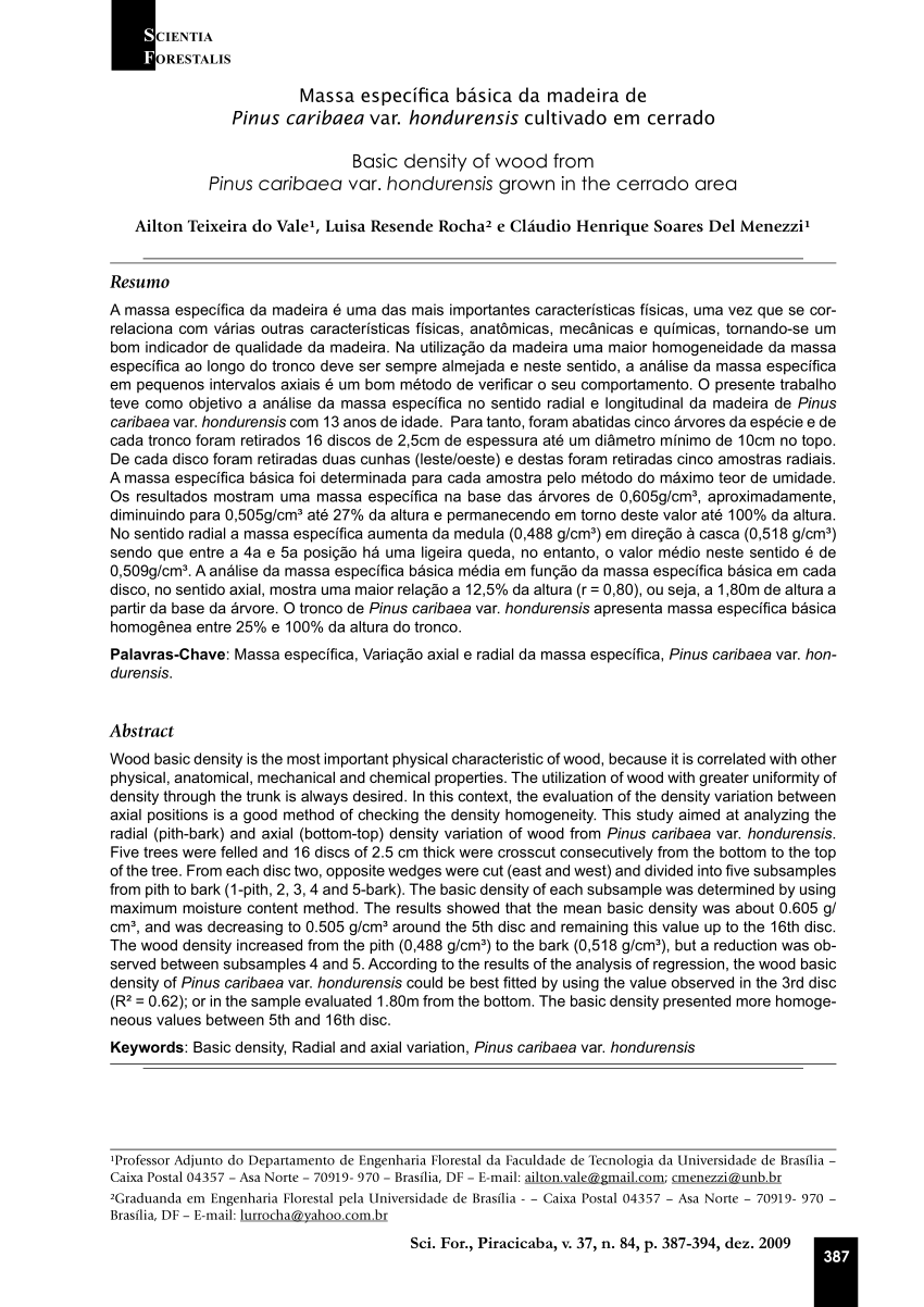 PDF) Propriedades mecânicas da madeira de cinco procedências de Pinus  caribaea var. hondurensis implantadas no Cerrado do Distrito Federal, DF