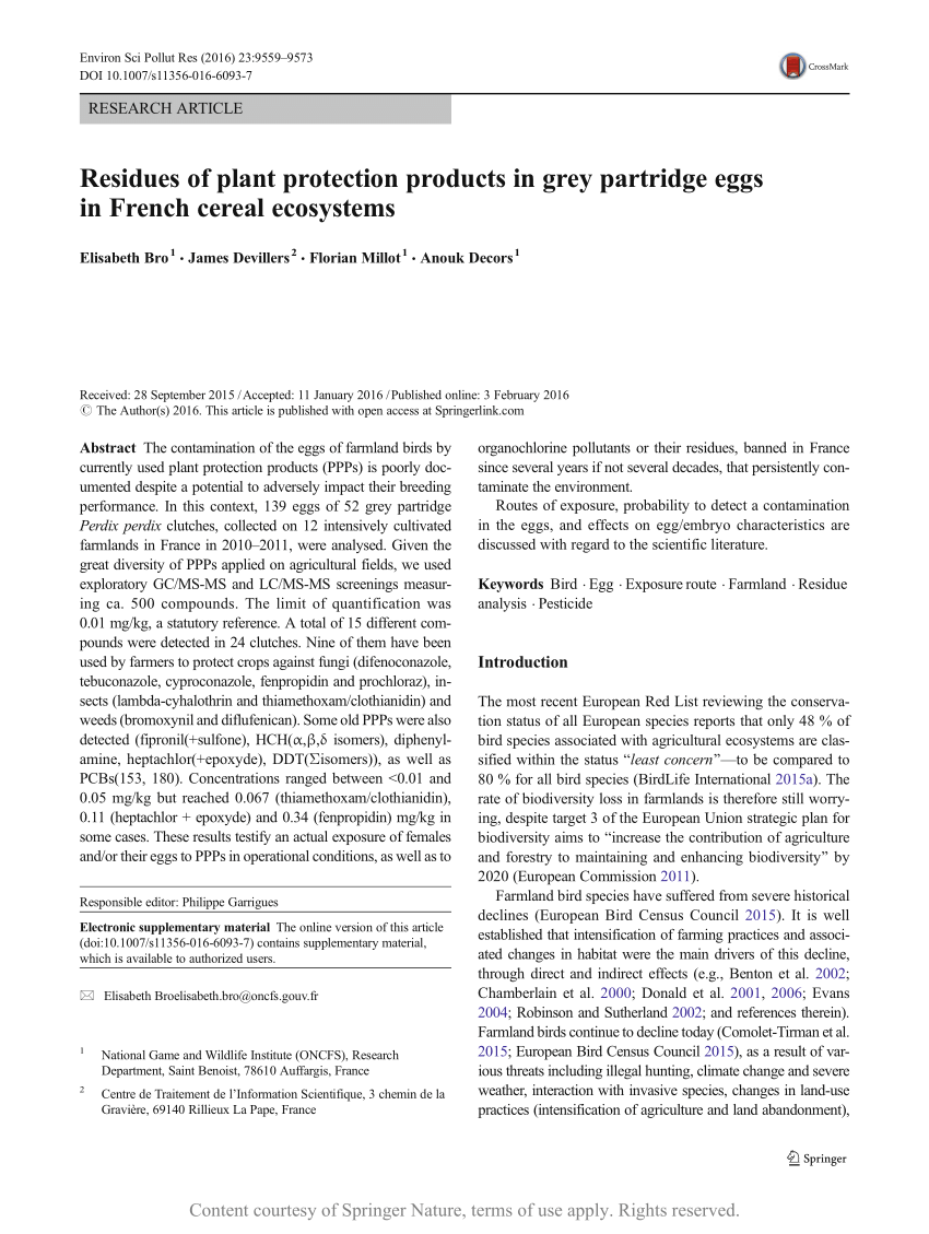 Pdf Residues Of Plant Protection Products In Grey Partridge Eggs In French Cereal Ecosystems