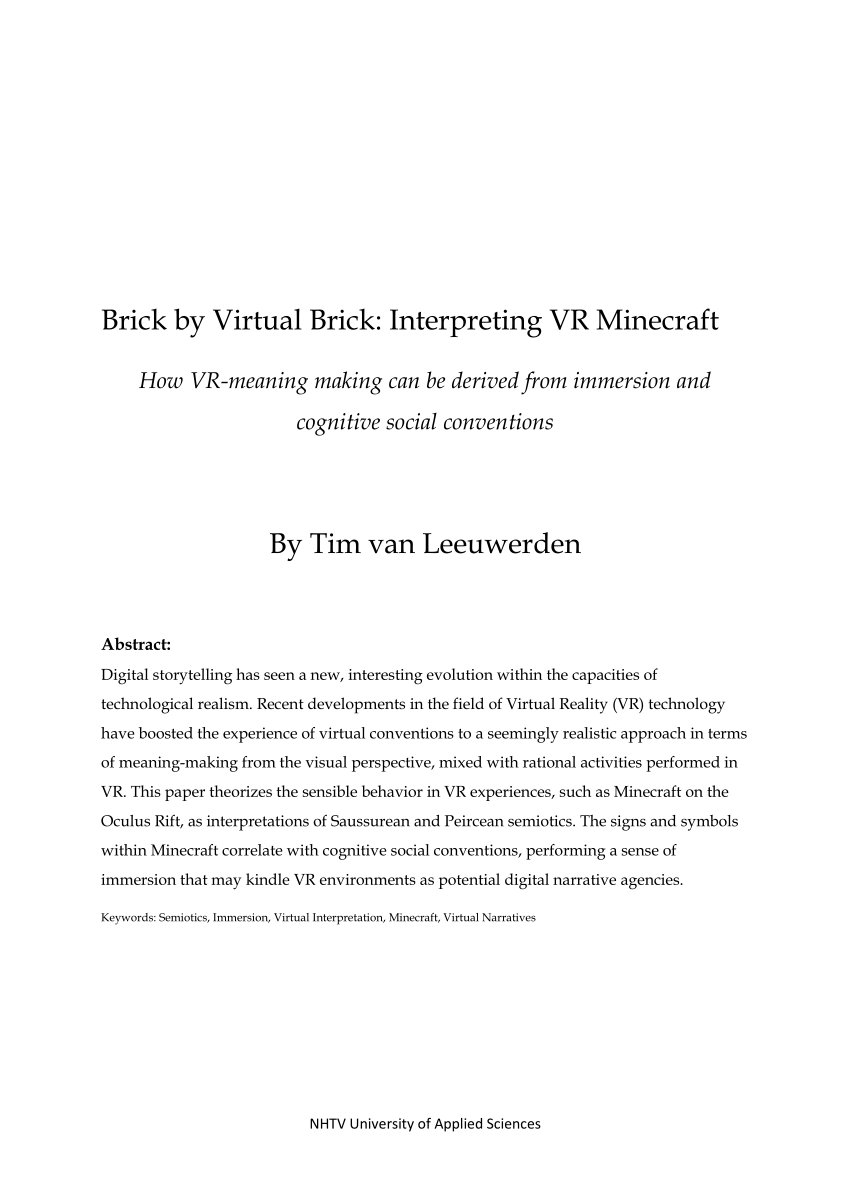 Pdf Brick By Virtual Brick Interpreting Vr Minecraft