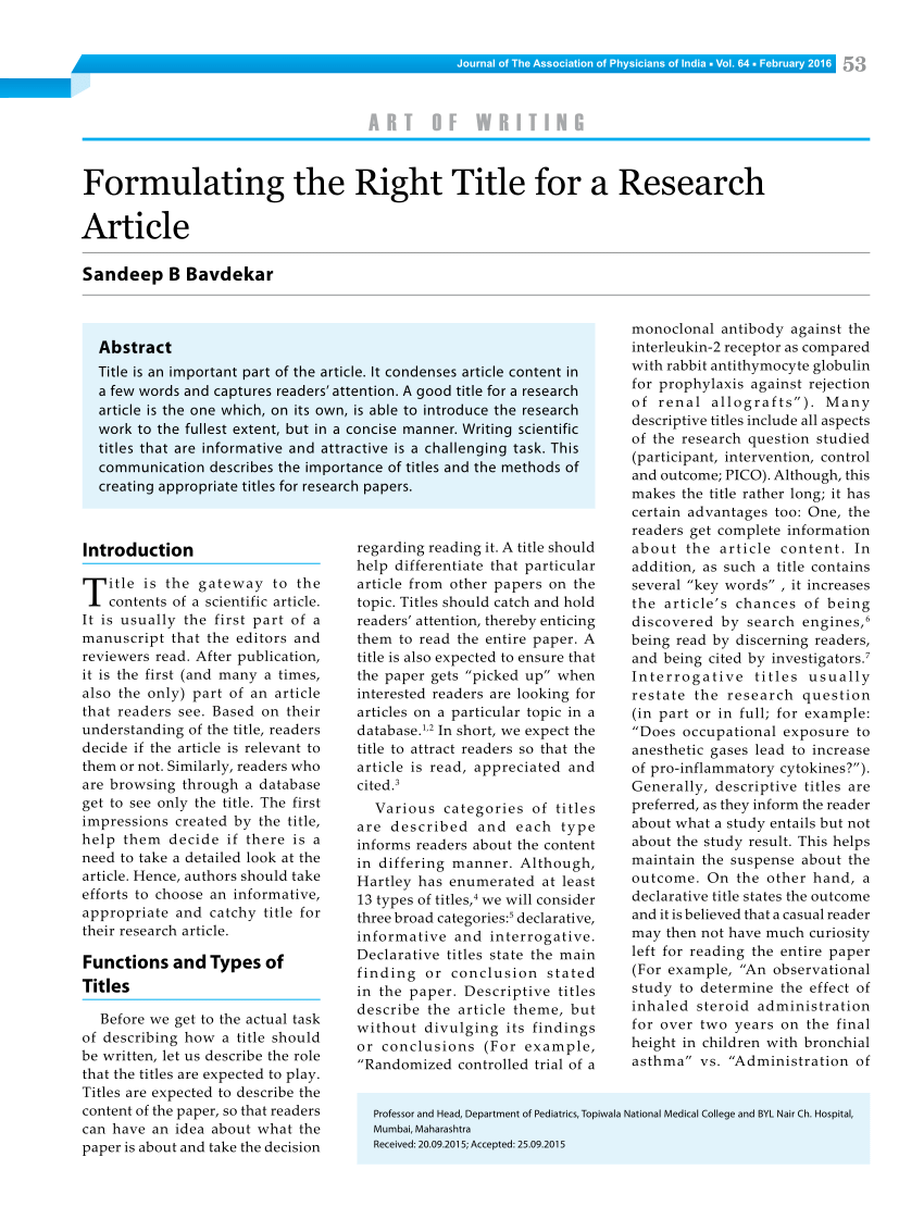 PDF) Formulating the Right Title for a Research Article