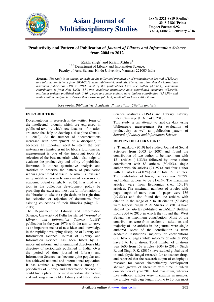 (PDF) Productivity and Pattern of Publication of Journal of Library and