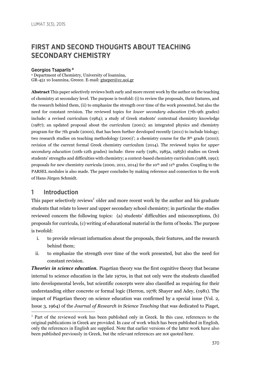 Pdf First And Second Thoughts About Teaching Secondary Chemistry