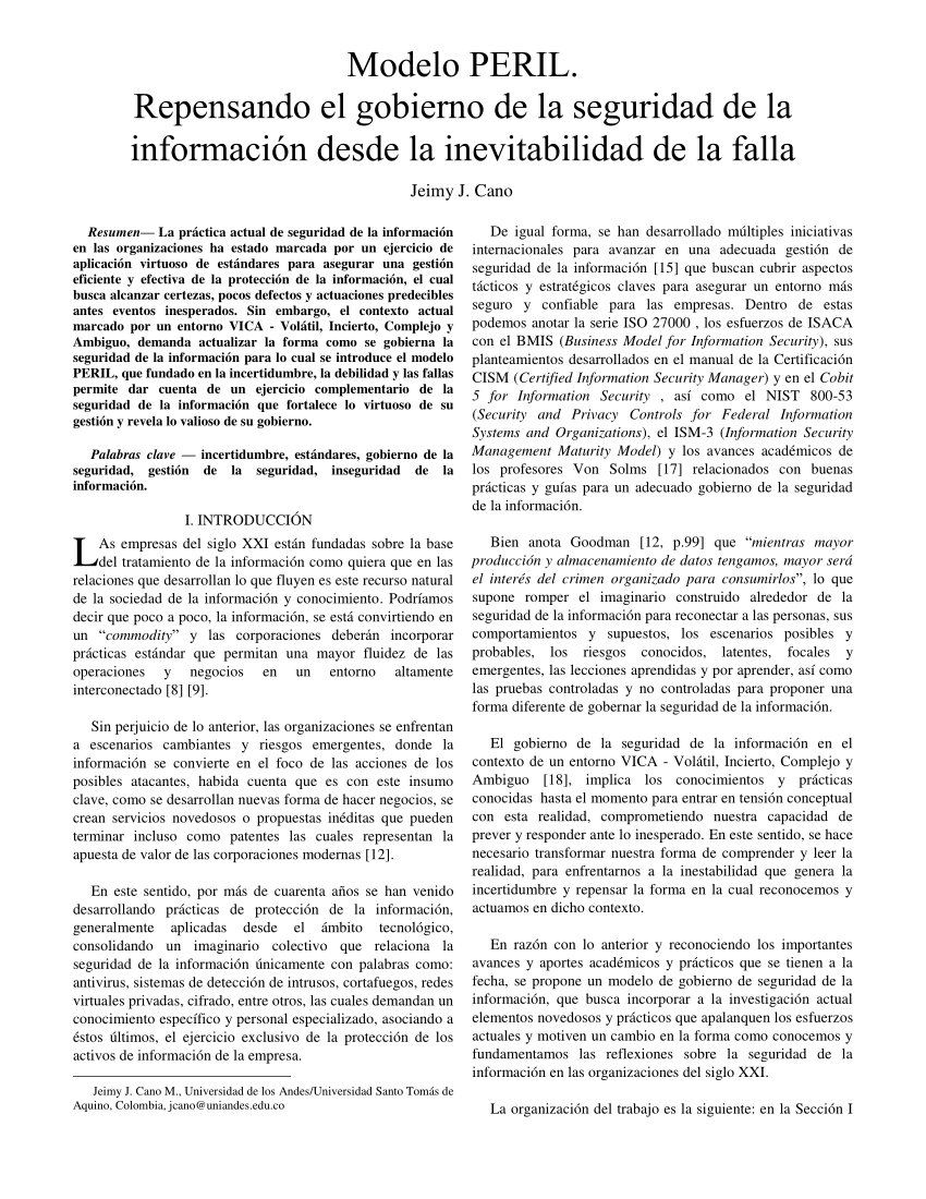 PDF) Modelo PERIL. Repensando el gobierno de la seguridad de la información  desde la inevitabilidad de la falla