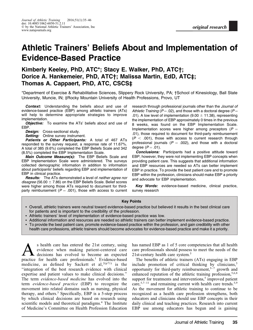 (PDF) Athletic Trainers' Beliefs About and Implementation of Evidence