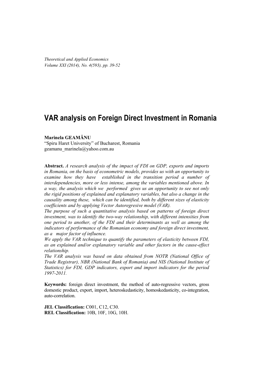 (PDF) VAR analysis on Foreign Direct Investment in Romania