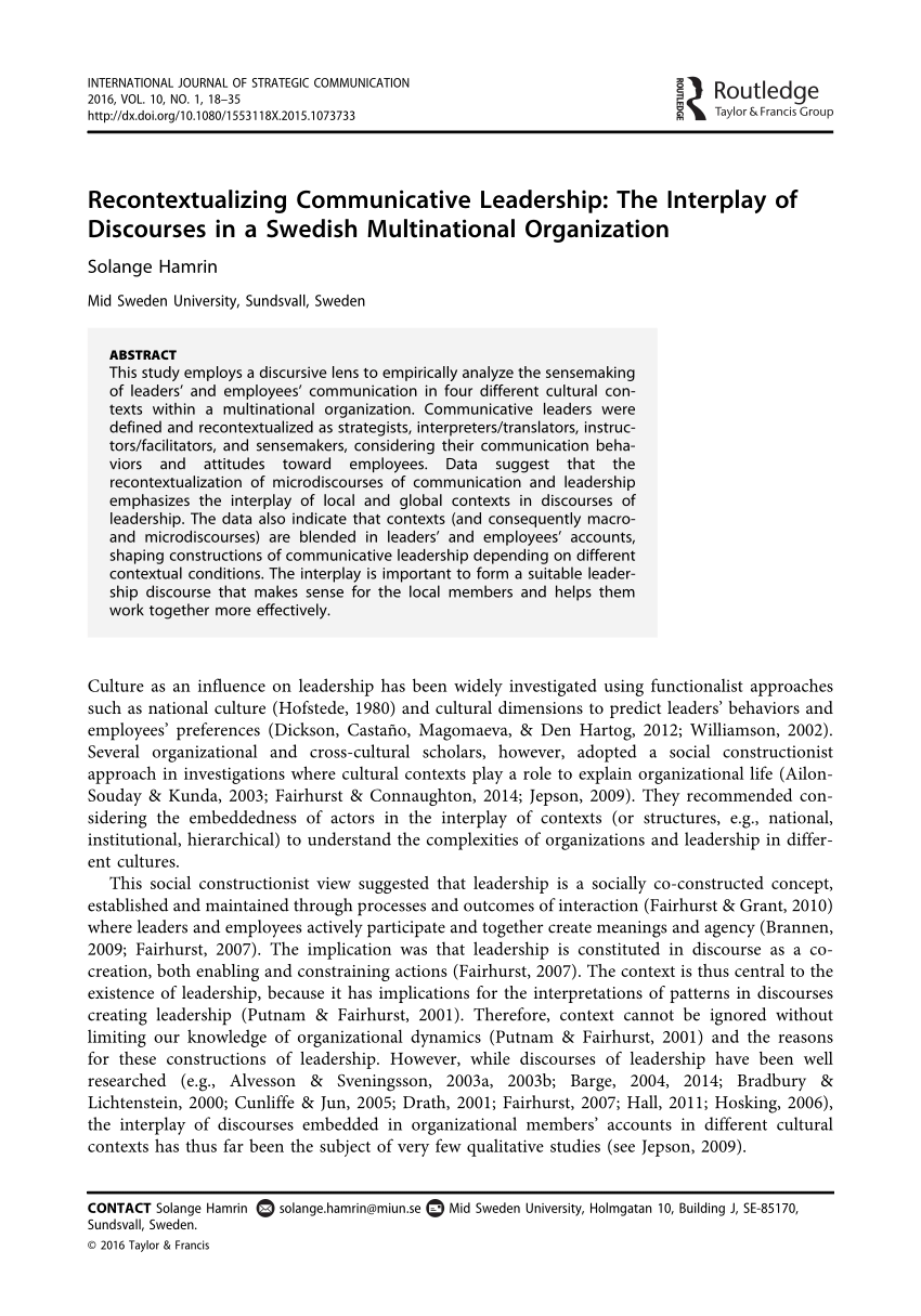 Pdf Recontextualizing Municative Leadership The Interplay Of Discourses In A Swedish Multinational Anization