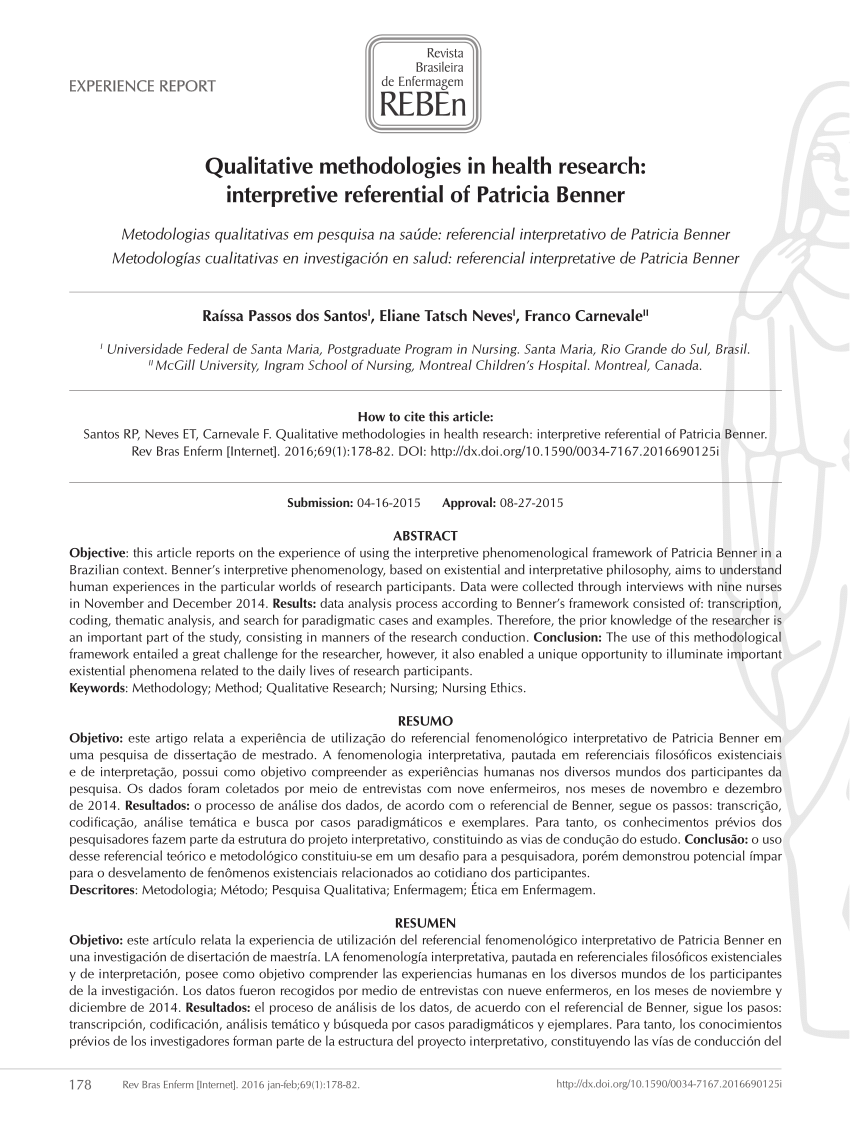 PDF) Metodologias qualitativas em pesquisa na saúde: referencial  interpretativo de Patricia Benner