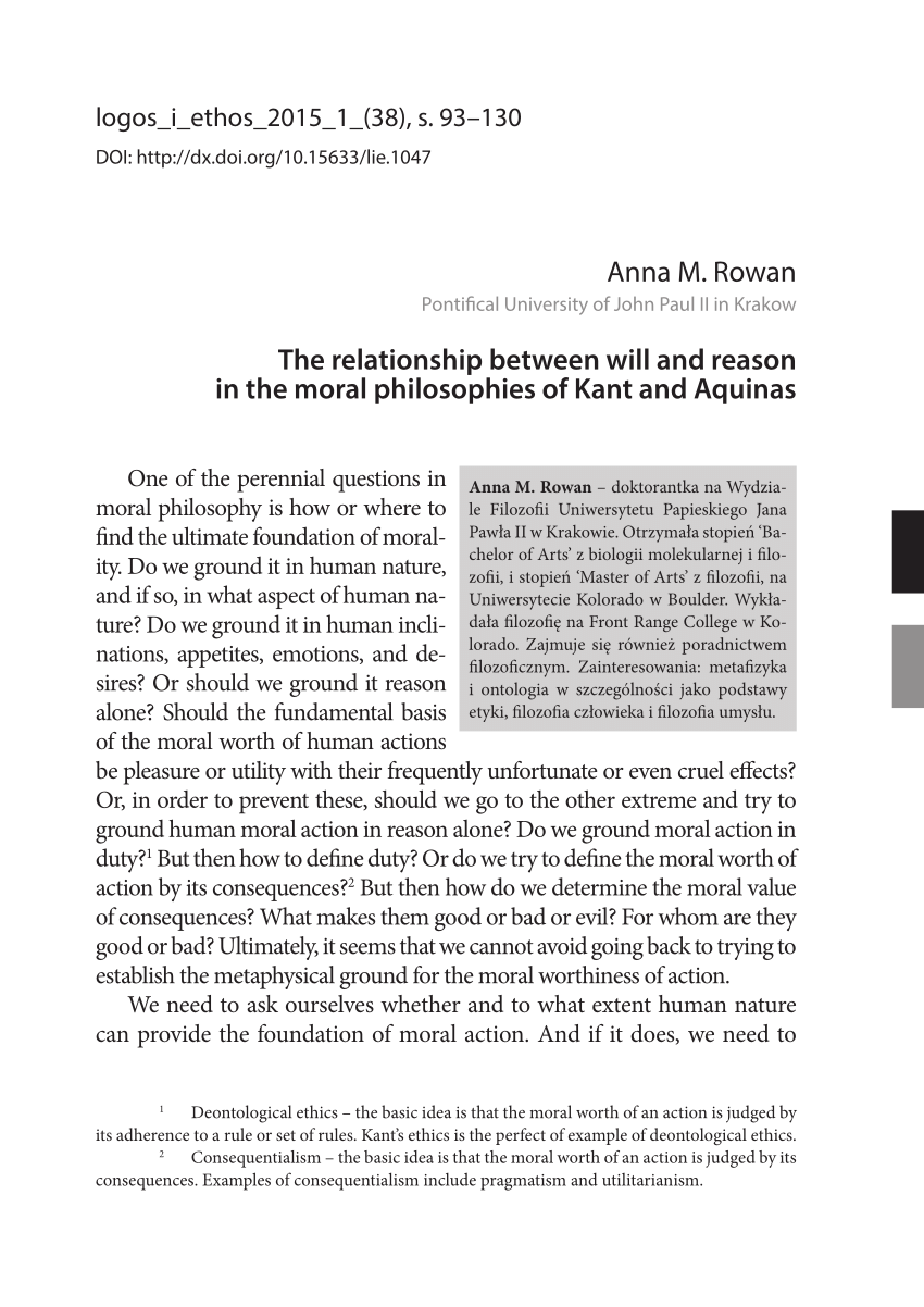 Pdf The Relationship Between Will And Reason In The Moral Philosophies Of Kant And Aquinas