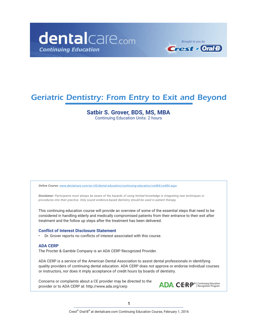 PDF) Geriatric Dentistry: From Entry to Exit and Beyond for ...