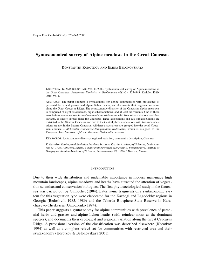 Pdf Syntaxonomical Survey Of Alpine Meadows In The Great Caucasus