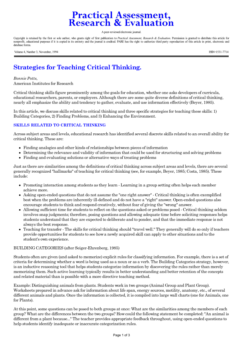 PDF) Strategies for teaching critical thinking In Skills Worksheet Critical Thinking Analogies
