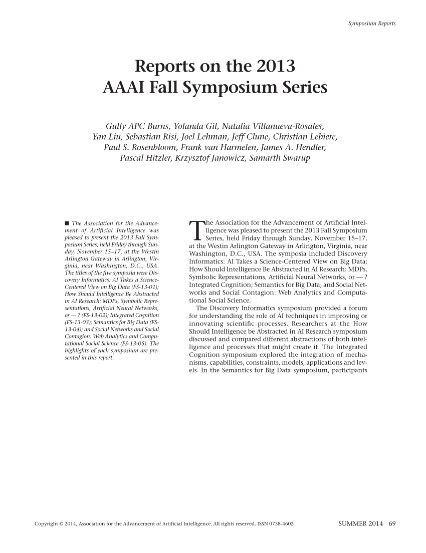 (PDF) Reports on the 2013 AAAI Fall Symposium Series