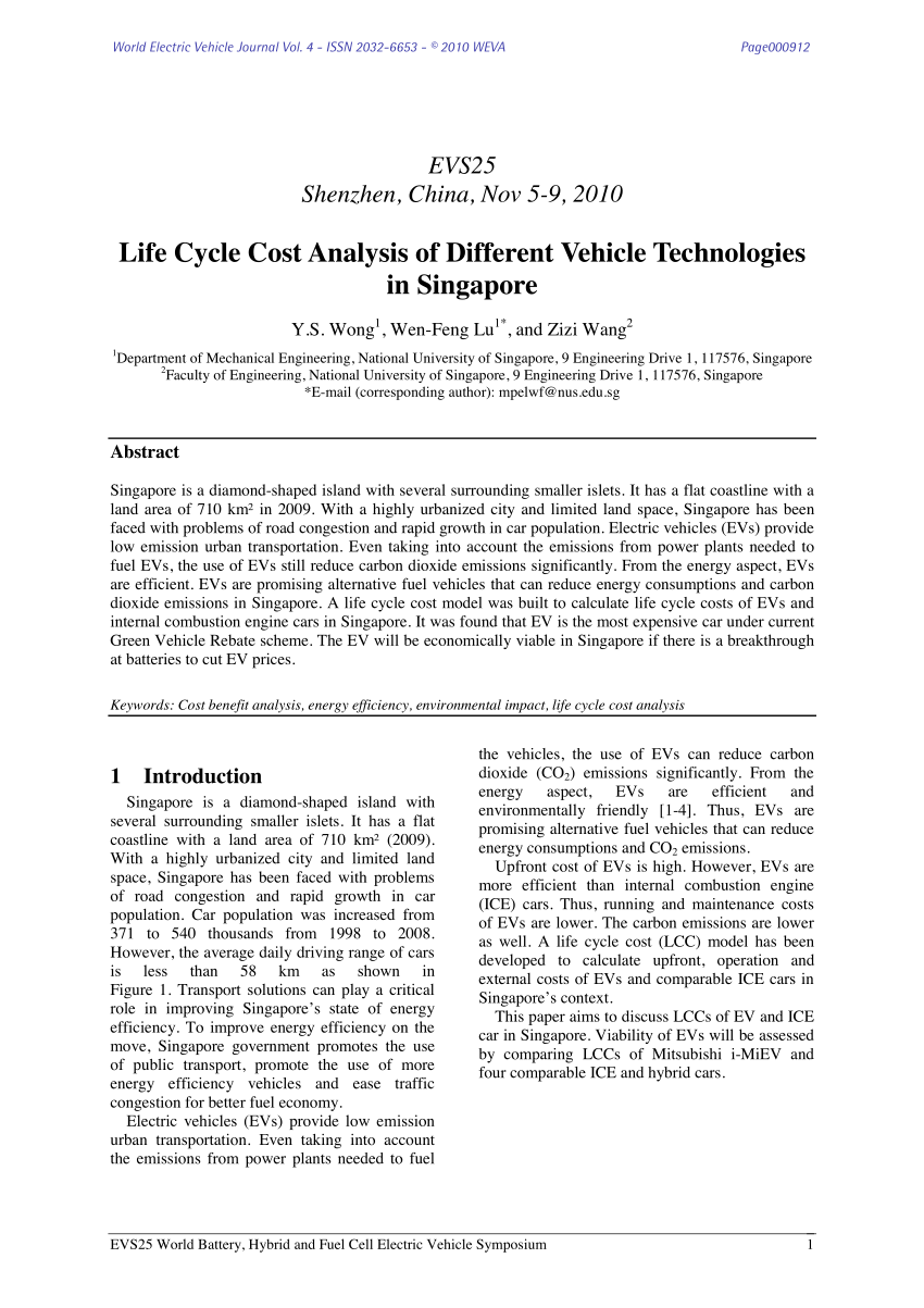 Pdf Life Cycle Cost Analysis Of Different Vehicle Technologies In Singapore