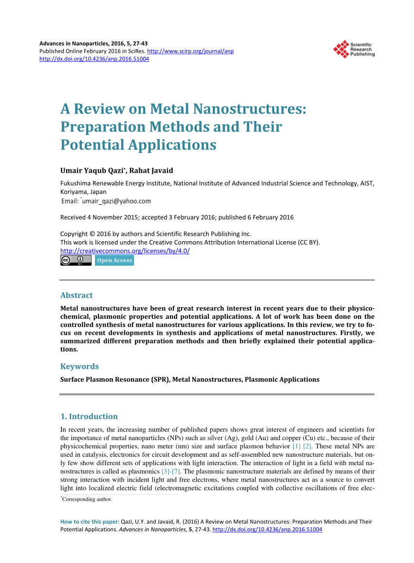 Pdf A Review On Metal Nanostructures Preparation Methods And Their Potential Applications