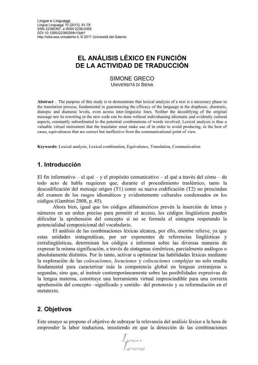 Pdf El Analisis Lexico En Funcion De La Actividad De Traduccion