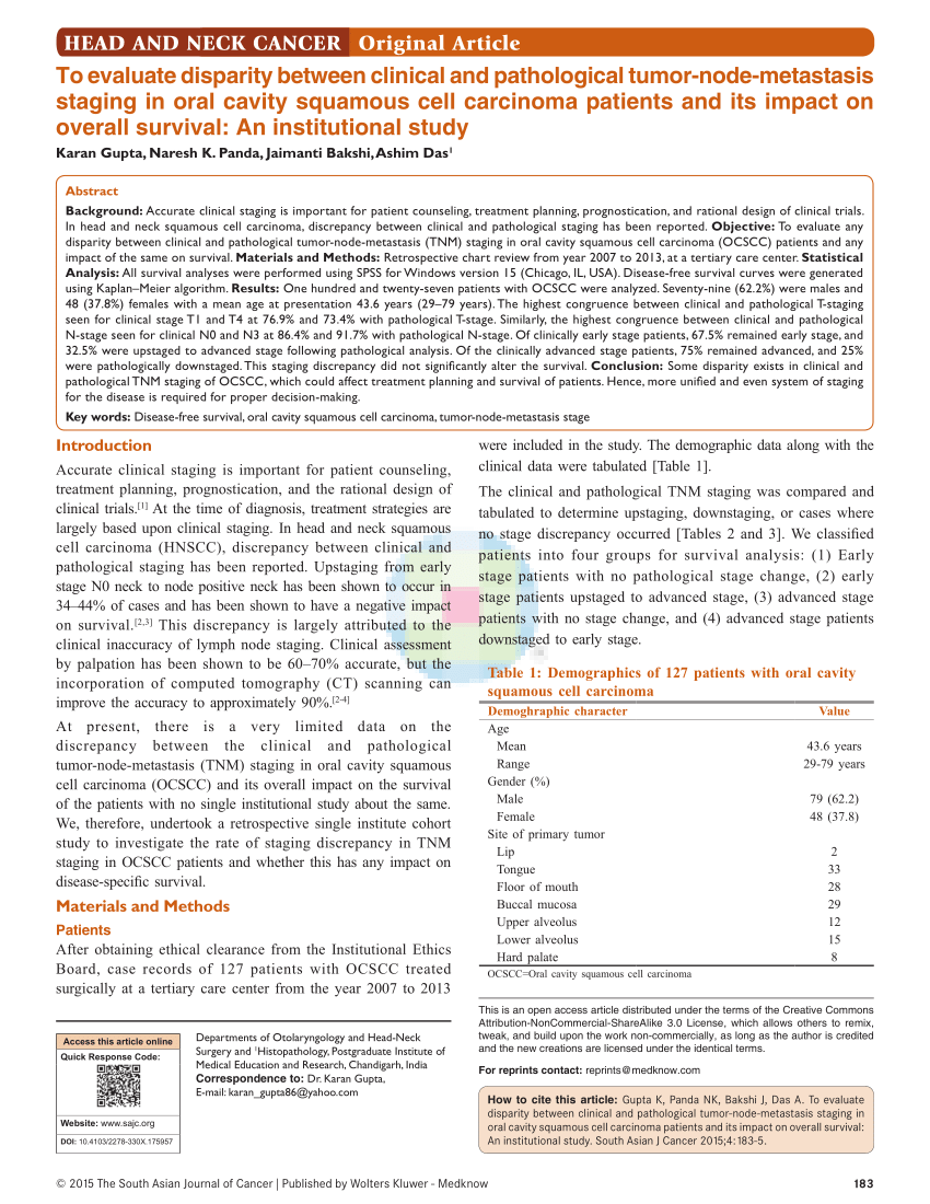 Upstaging And Downstaging In Early Vs Late Stage Oral Cavity