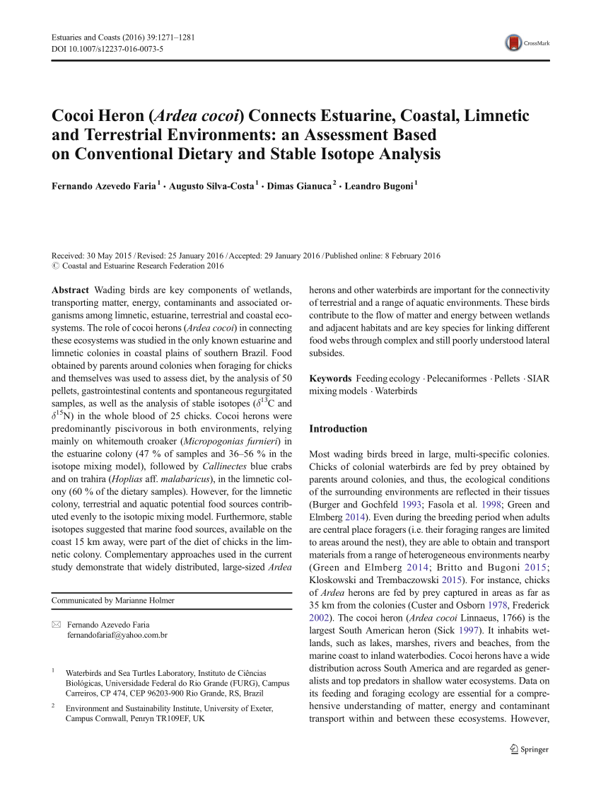 Pdf Cocoi Heron Ardea Cocoi Connects Estuarine Coastal Limnetic And Terrestrial Environments An Assessment Based On Conventional Dietary And Stable Isotope Analysis