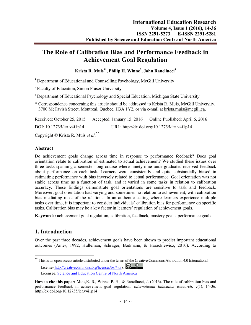 Pdf The Role Of Calibration Bias And Performance Feedback In Achievement Goal Regulation