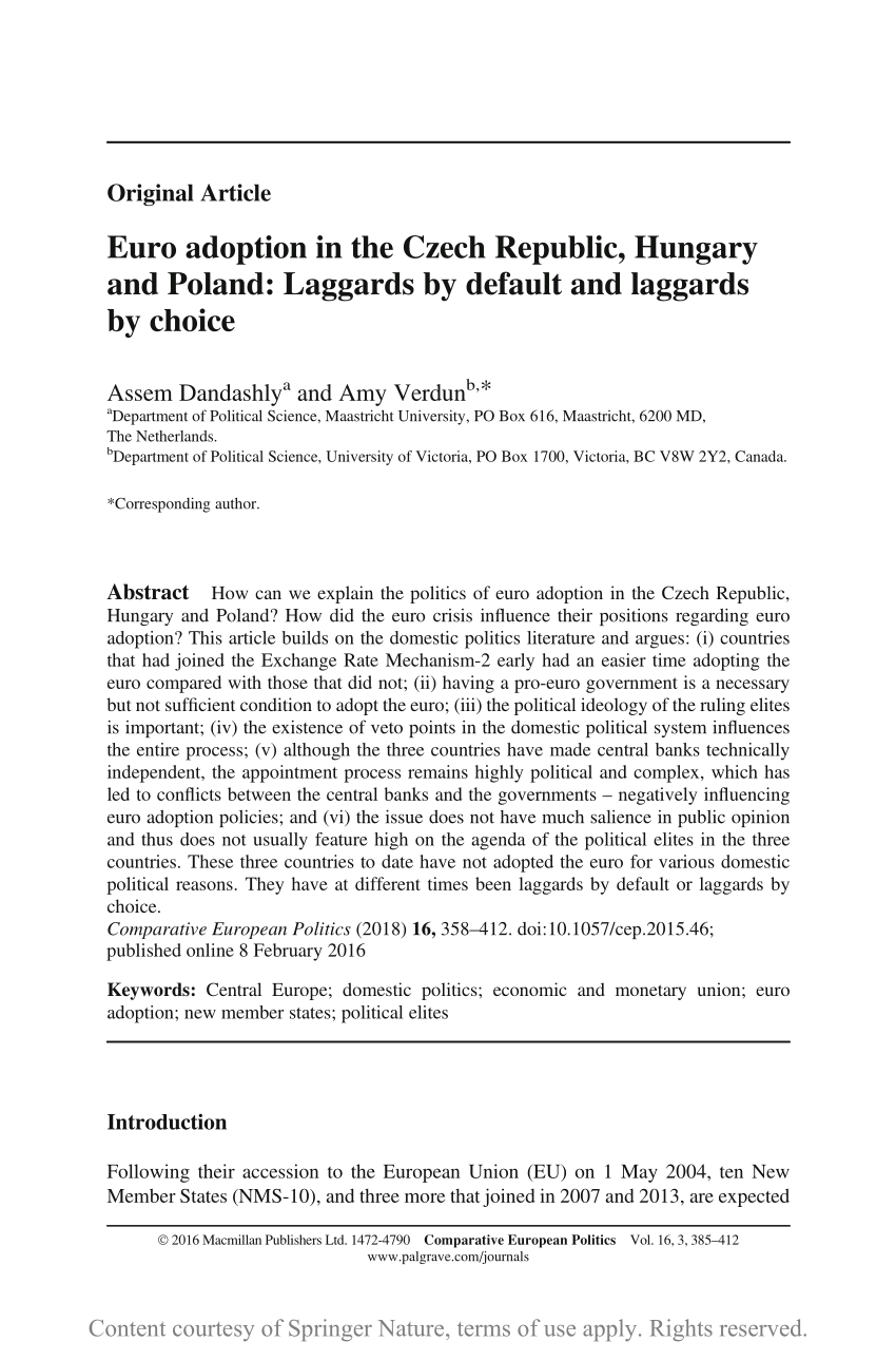 Euro Adoption In The Czech Republic Hungary And Poland Laggards By Default And Laggards By Choice Request Pdf