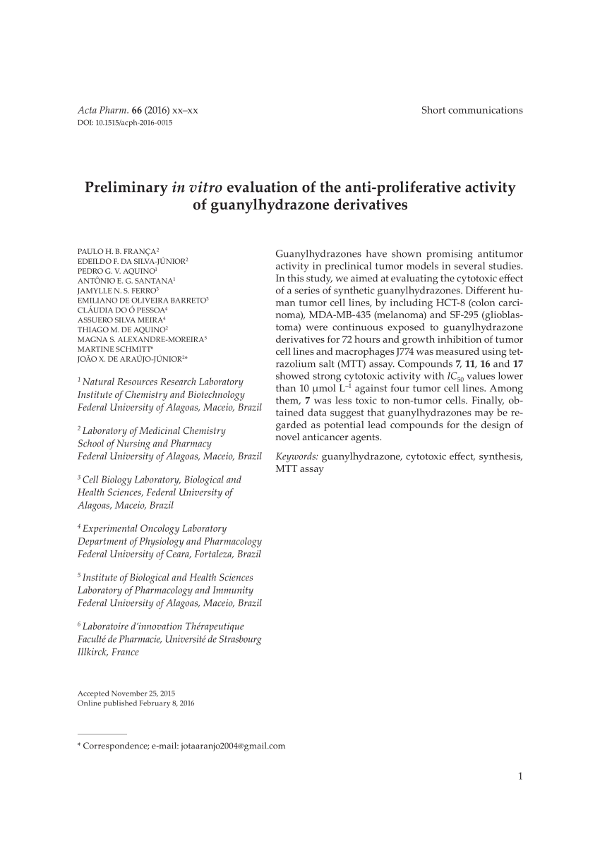 Pdf Preliminary In Vitro Evaluation Of The Anti Proliferative Activity Of Guanylhydrazone Derivatives