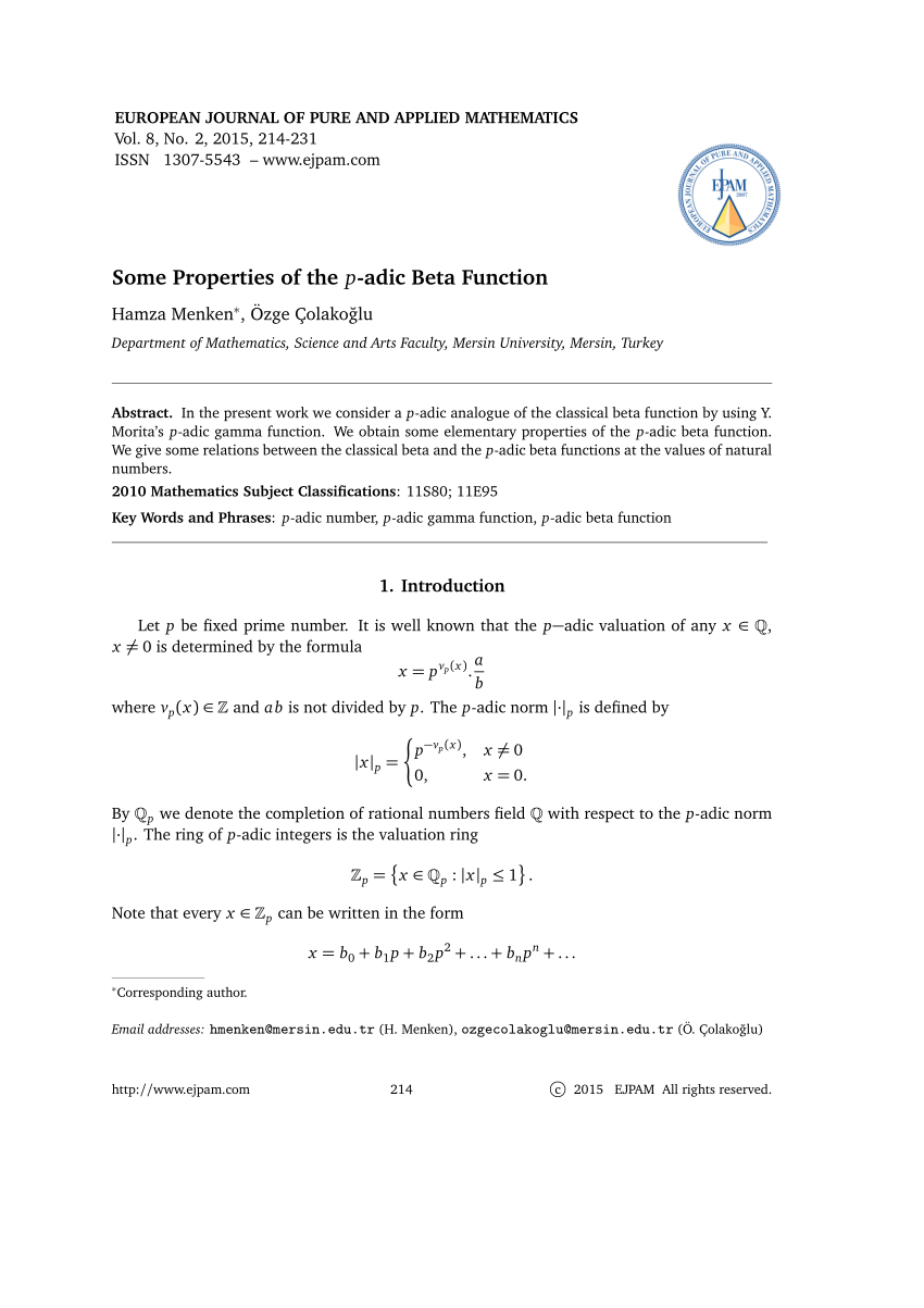 Pdf Some Properties Of The P Adic Beta Function