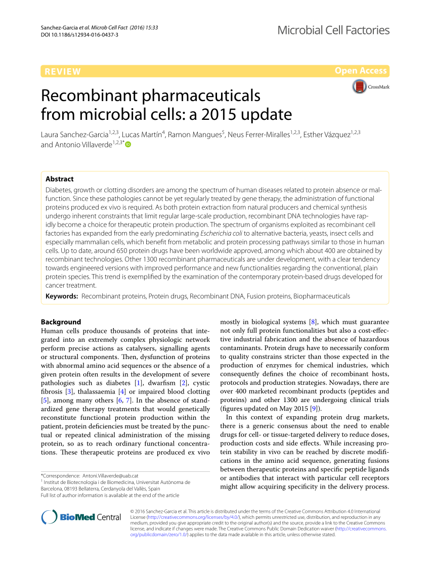 (PDF) Recombinant pharmaceuticals from microbial cells: A 2015 update