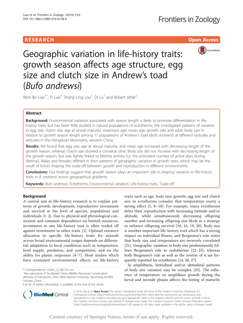 PDF) Geographic variation in life-history traits: growth season affects age  structure, egg size and clutch size in Andrew's toad (Bufo andrewsi)